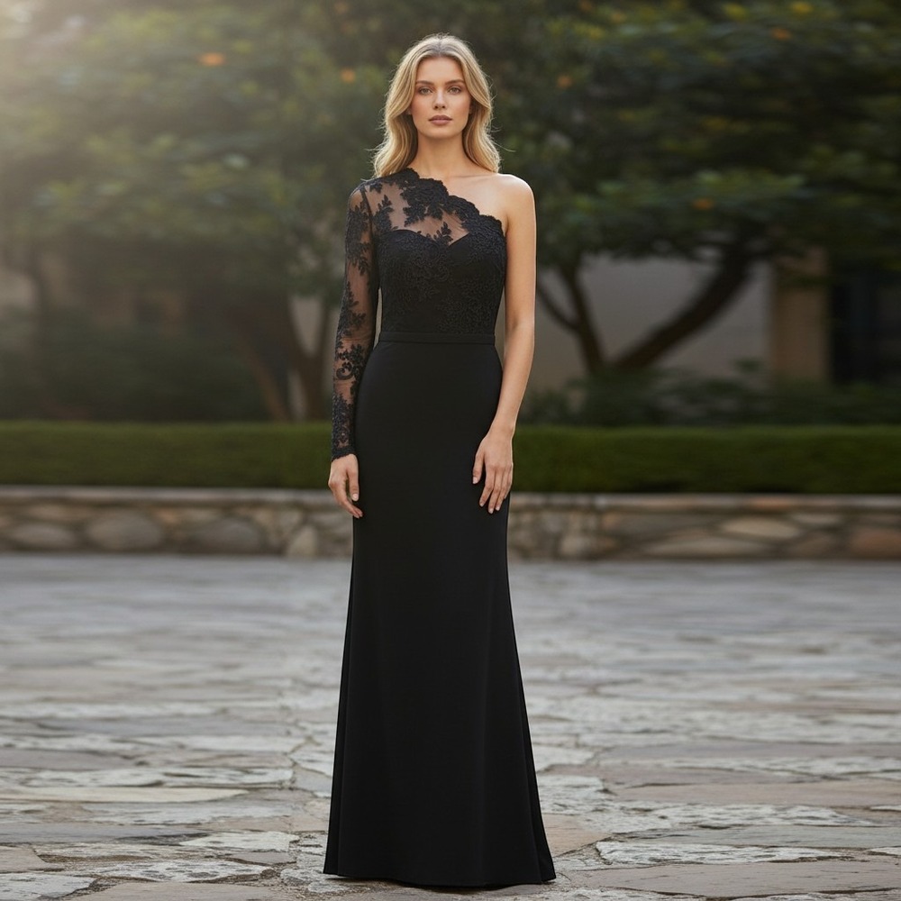 NWT Fashion Nova Bonita Lace Maxi Dress Black One Shoulder Gown 1XL Formal Party